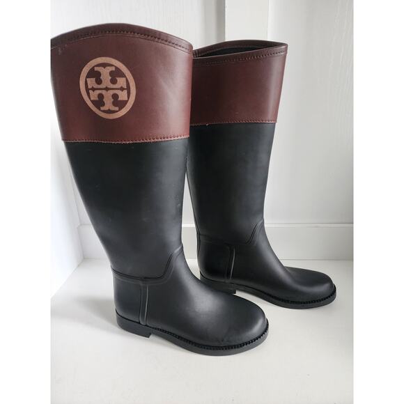 Tory Burch Diana  Tall  Rubber Rain Boots Womens Size 6 Logo Black Brown Logo - Picture 1 of 11